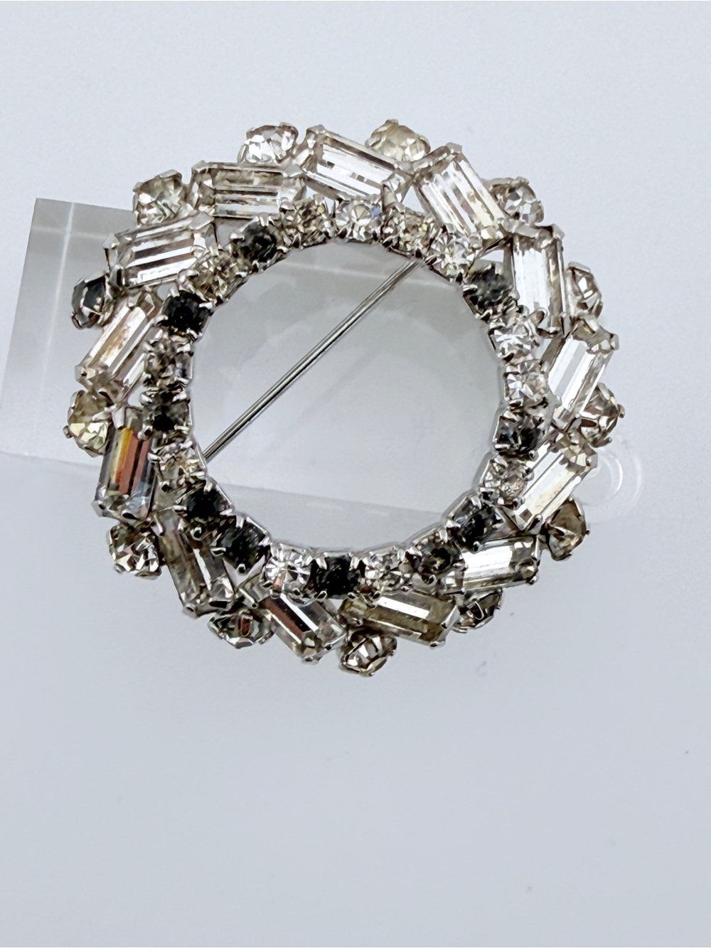 Vintage WEISS Clear & Smokey Rhinestone Wreath Brooch Pin